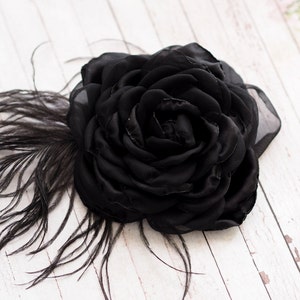 Black Rose Hair Clip, Black Hair Flower, Black Feather Brooch Rose, Black Flower Hair Accessory, Black Fascinator, Black Wedding Flower Pin image 3