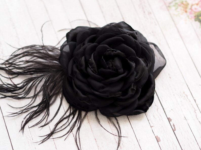 Black Rose Hair Clip, Black Hair Flower, Black Feather Brooch Rose, Black Flower Hair Accessory, Black Fascinator, Black Wedding Flower Pin image 3