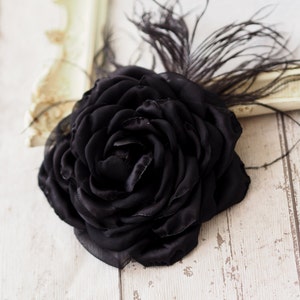 Black Rose Hair Clip, Black Hair Flower, Black Feather Brooch Rose, Black Flower Hair Accessory, Black Fascinator, Black Wedding Flower Pin image 5