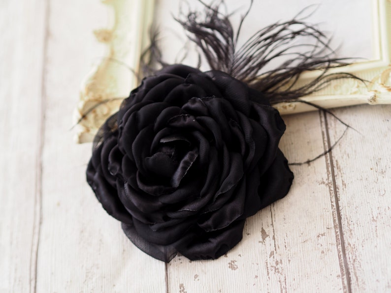 Black Rose Hair Clip, Black Hair Flower, Black Feather Brooch Rose, Black Flower Hair Accessory, Black Fascinator, Black Wedding Flower Pin image 5