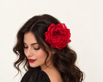 Oversized Red Rose Hair Clip & Brooch, Flamenco Hair Flower, Large Fabric Rose Pin, Bridal Corsage, Dance Accessory