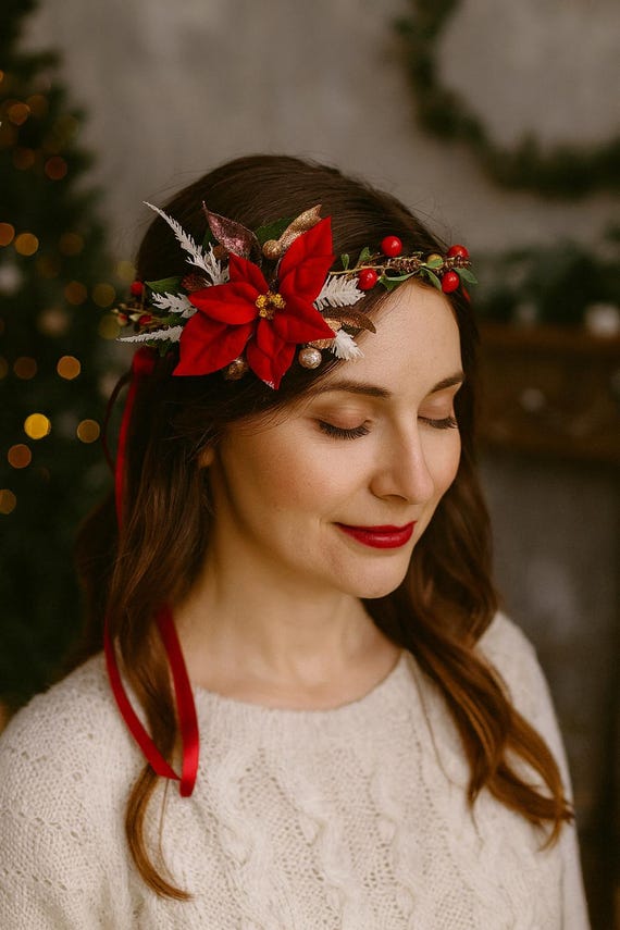 Christmas Red and White Holiday Headpiece Poinsettia Snowflake Headdress: Red & White Christmas Flower  main image 3