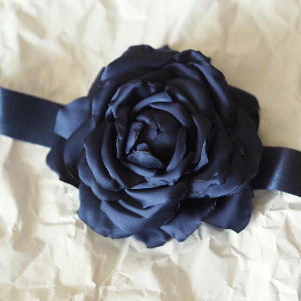 Navy Flower Brooch, Navy Fabric Brooch, Navy Blue Rose Hair, Dark Blue Hair Flowers, Satin Navy Hairpiece Wedding, Navy Flower Sash Navy Pin