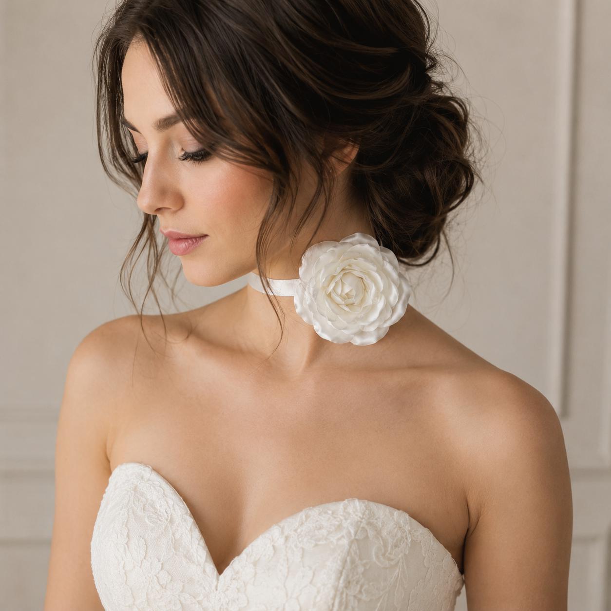 Ivory Rose Choker Necklace, Bridal Satin Flower, Wedding Hair Clip