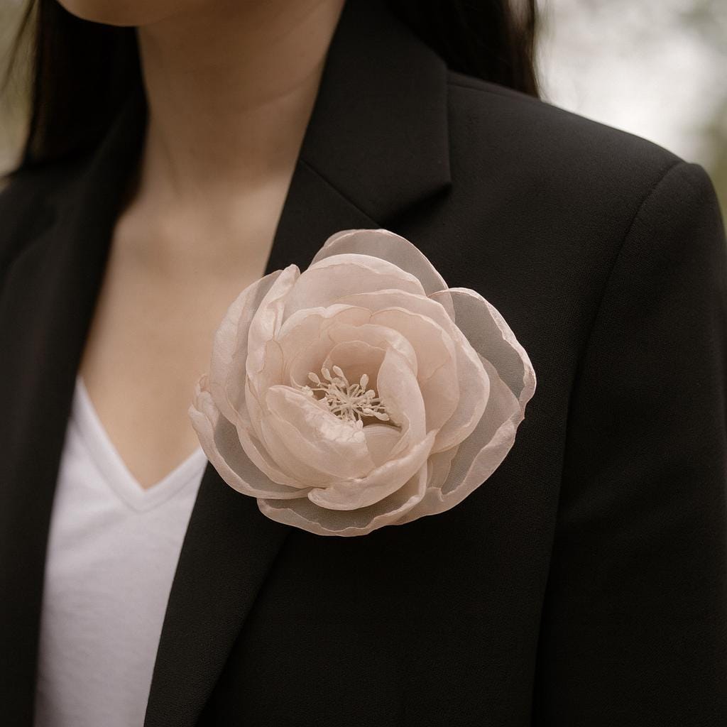 Fermaglio E Spilla Per Capelli A Rosa Vintage - Fatto A Mano In Tessuto Raso - Lunghezza 10 Cm - Colore Champagne