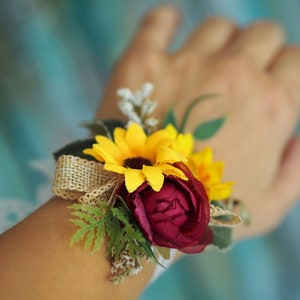Sunflower Corsage, Wrist Corsage, Wedding Corsage, Fall Wedding Accessory, Sunflower Wedding Boutonniere, Rustic Woodland Boutonniere