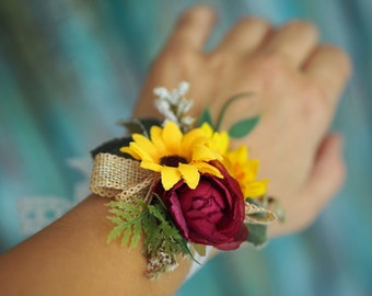 Sunflower Corsage, Wrist Corsage, Wedding Corsage, Fall Wedding Accessory, Sunflower Wedding Boutonniere, Rustic Woodland Boutonniere