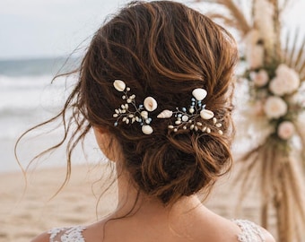 Mermaid Seashell Hair Pins Set of 2, Beach Wedding Bridal Hair Accessories, Pearl Shell Headpiece