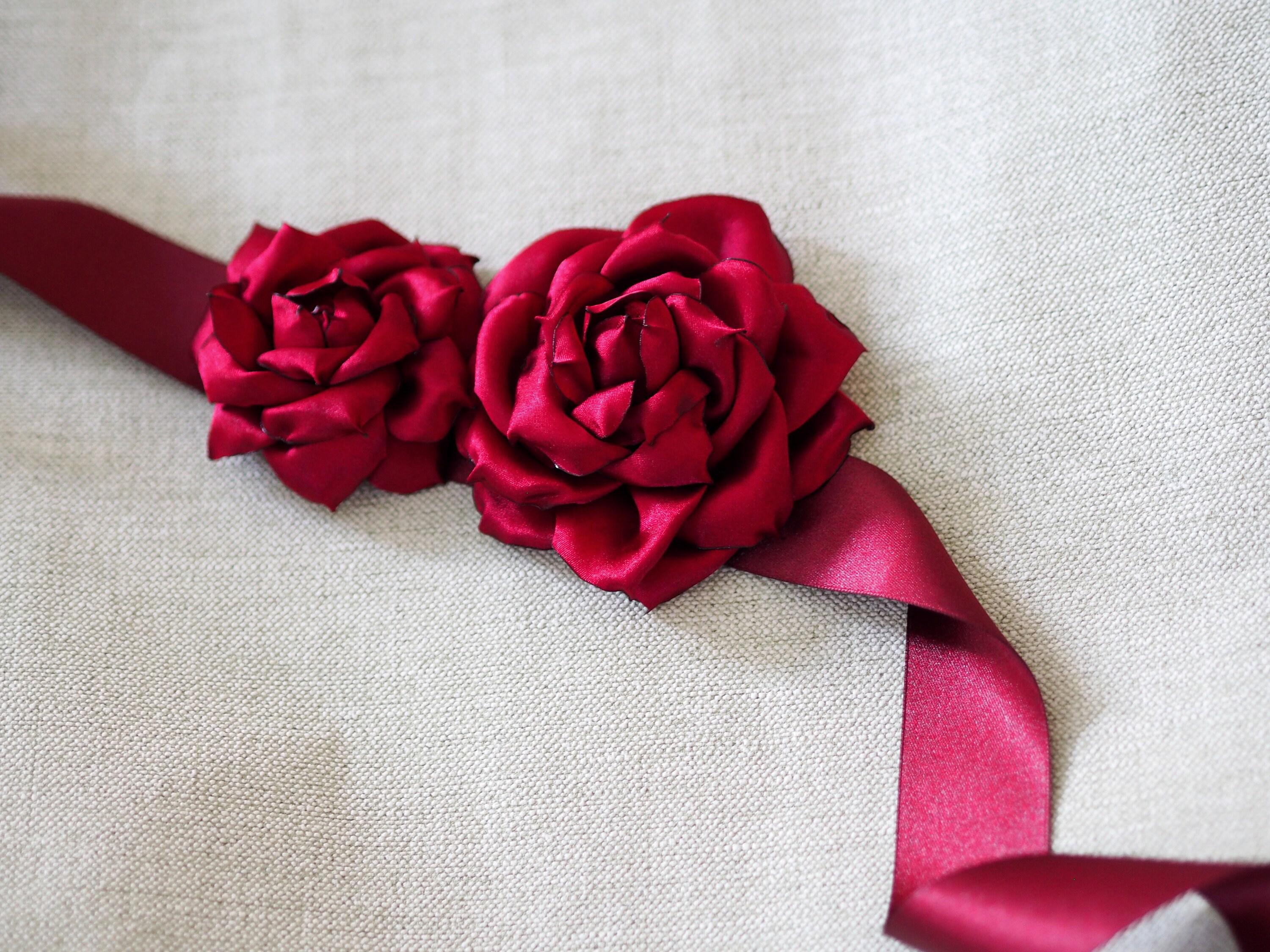 Red Satin Flower Sash Belt - Burgundy Wedding Sash for Bride or Maternity, Detachable Artificial Flowers, Boho Bridal Ribbon Belt Red Satin Flower Sash Belt - Burgundy Wedding Sash for Bride or Maternity, Detachable Artificial Flowers, Boho Bridal Ribbon Belt