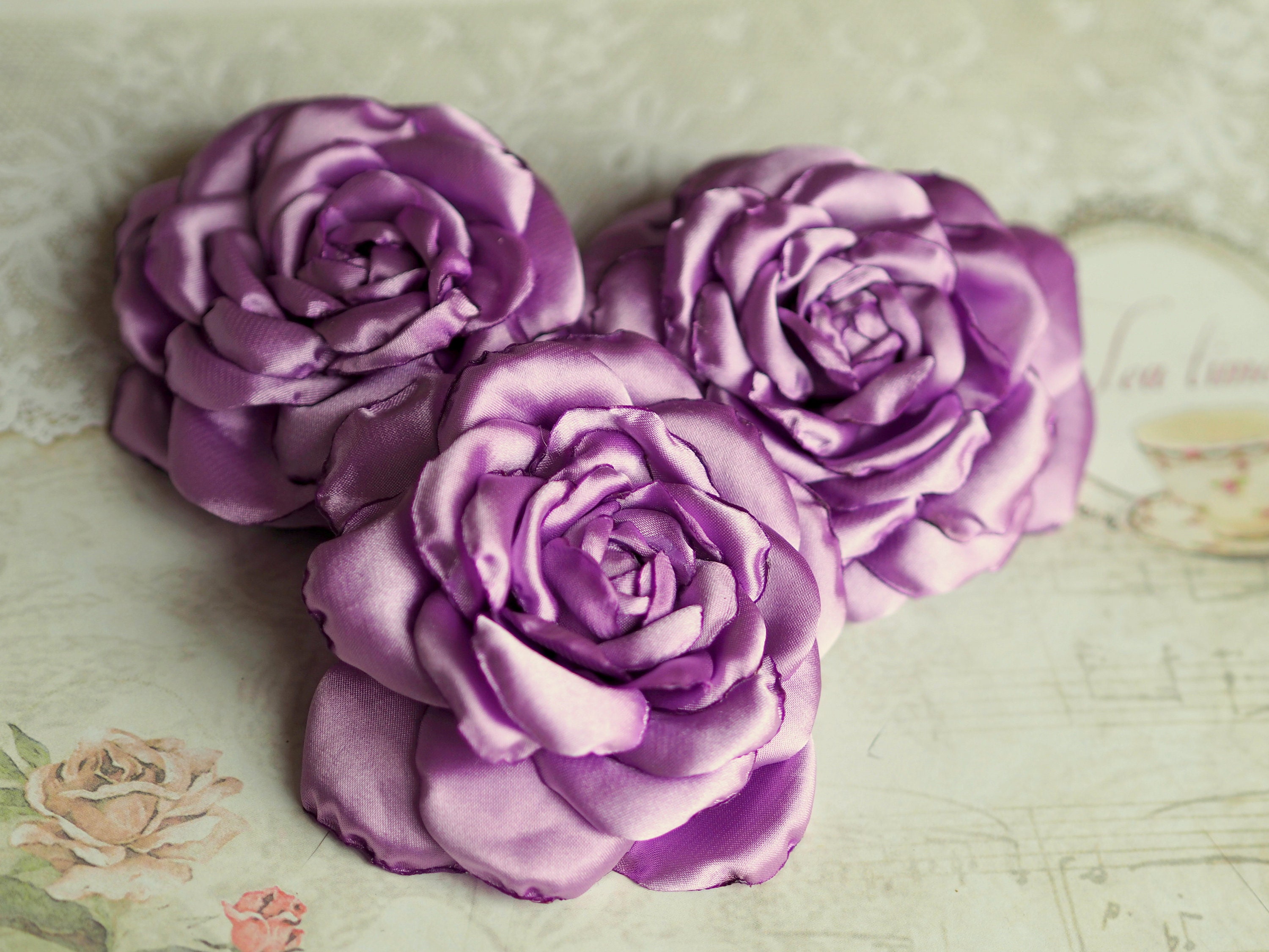 Double Lilac Plum Purple Rose Flower Hair Clip Fascinator Bridesmaid 1950s 4973 