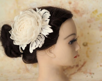Ivory Floral Bridal Hair Clip, Large Ivory Flower Clip, Flower Fascinator Bride, Wedding Lace Hair Comb, Ivory Brooch, Ivory Rose Hairpiece