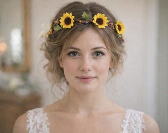 Sunflower Hair Crown – Hippie Headband, Yellow Floral Wreath, Sunflower Bridal Accessory, Flower Girl Halo, Boho Tiara