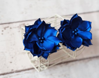 Royal Blue Satin Hair Flower Clip, Blue Bridal Hair  display picture 1
