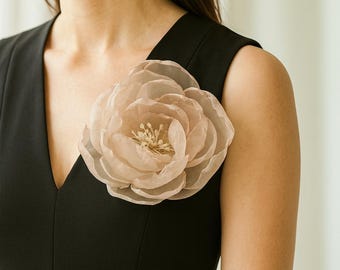 Blush Organza Flower Brooch or Hair Clip, Champagne Bridal Hair Flower, Wedding Corsage Pin Gift