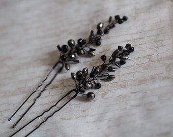 Goth Wedding Hair Piece, Black Hair Accessories, Crystal Goth Hair Pins, Gothic Hair Piece, Black Hair Pins for Up Do, Hair Jewelry Crystals