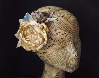 Bridal Headband Gold Flower, Cabbage Rose Hair Clip, Satin Flower Tiara for Women, 1920s Headpiece, Flower Pin Gold,Bohemian Hairband Floral