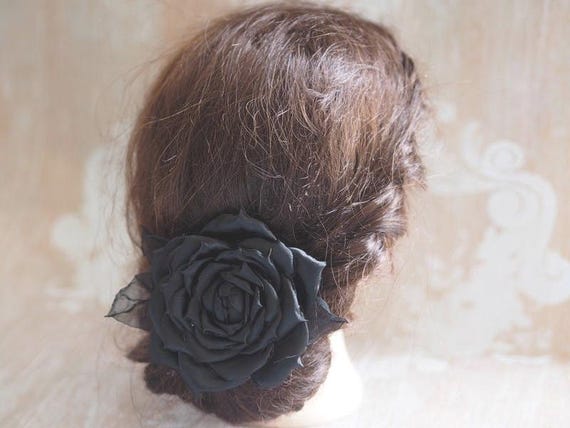 Black silk/satin Rose Hair Clip Large Black Fabric Flower Hair Clip: Wired Taffeta Rose  main image 2