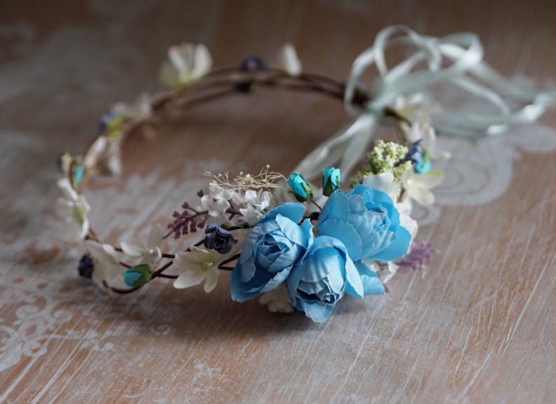 Bridesmaid Crown Bridal Circlet Woodland Head Wreath Flower Girl Crown Blue Flower Crown Spring Hair Crown Rose Bridal Crown