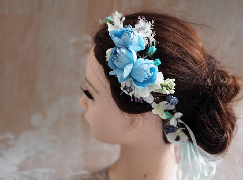 Bridesmaid Crown Bridal Circlet Woodland Head Wreath Flower Girl Crown Blue Flower Crown Spring Hair Crown Rose Bridal Crown