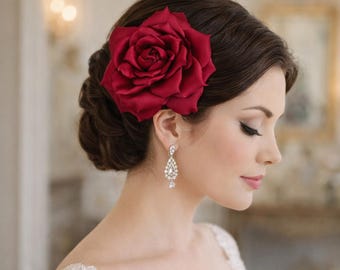 Red Rose Hair Clip, Satin Flower Brooch, Flamenco Hair Accessory, Bridal Hair Flower, Burgundy Rose Pin, Spanish Dance