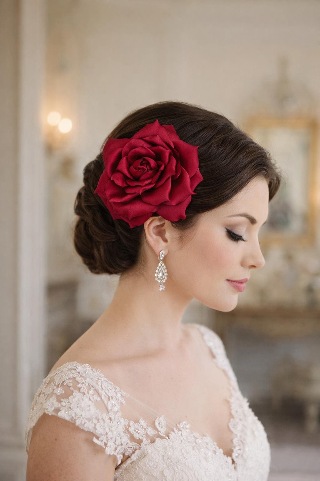 Red Satin Rose Hair Clip or Brooch – Handmade Bridal Flower  display picture 3