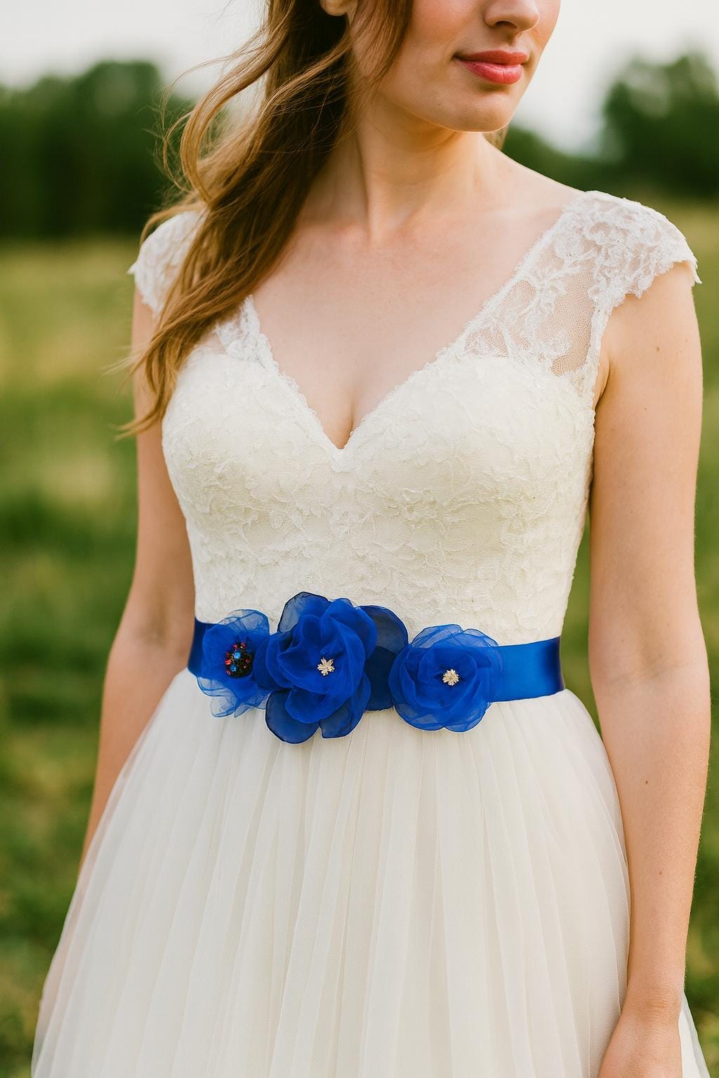 Royal Blue Flower Sash Belt With Rhinestones, Bridal Wedding  display picture 2