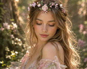 Couronne de fleurs elfiques rose poudré, couronne de fée des bois, coiffe de mariée forestière, tiare de fleurs roses, ornement de cheveux rustique, couronne Renaissance