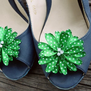 Polka Dot Green Shoe Clips, Ribbon Flowers for Shoes, Green Flower Shoes Pins, Emerald Green Shoe Clips, Rockabilly Shoe Clips Decoration image 4