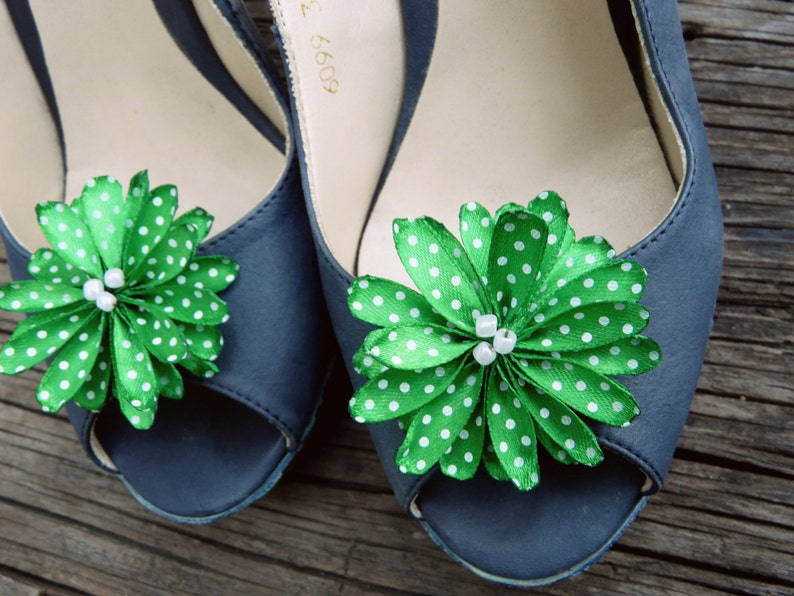 Polka Dot Green Shoe Clips, Ribbon Flowers for Shoes, Green Flower Shoes Pins, Emerald Green Shoe Clips, Rockabilly Shoe Clips Decoration image 4