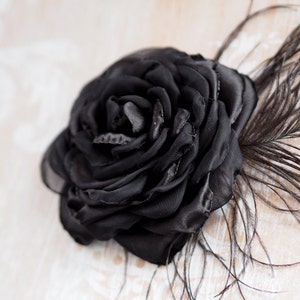 Black Rose Hair Clip, Black Hair Flower, Black Feather Brooch Rose, Black Flower Hair Accessory, Black Fascinator, Black Wedding Flower Pin image 7