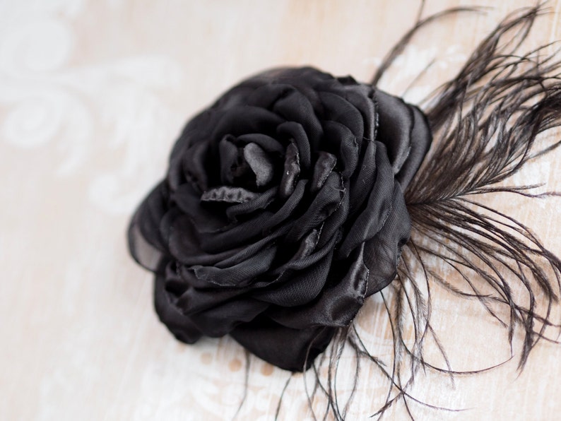 Black Rose Hair Clip, Black Hair Flower, Black Feather Brooch Rose, Black Flower Hair Accessory, Black Fascinator, Black Wedding Flower Pin image 7