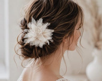Ivory Silk Flower Hair Clip, Bridal Chiffon Flower Brooch, Wedding Hair Accessory for Bride