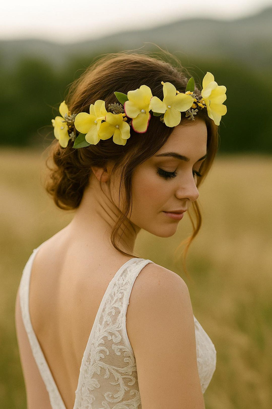 Yellow Flower Crown, Boho Bridal Headpiece, Handmade Floral  display picture 1