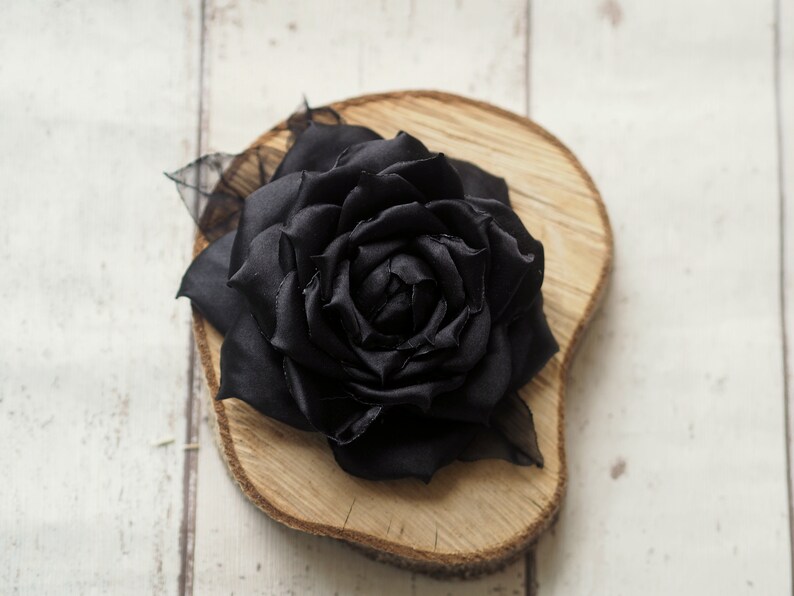 Black Flower Hair Piece Black Rose Hair Clip Satin Black Etsy