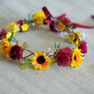 Sunflowers and Roses Headband, Red Rose and Sunflower Crown, Wedding Sunflower Headpiece Bride, Sunflower Hair Piece Women, Flower Girl Halo