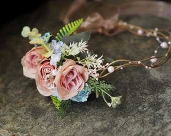Pink Blue Flower Crown Adult, Pastel Flower Tiara, Fairy Headpiece Wedding, Forest Elf Hair Piece, Maternity Photo Shoot Flower Headband
