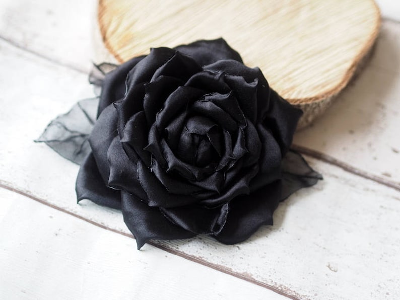 Black Flower Hair Piece Black Rose Hair Clip Satin Black Etsy