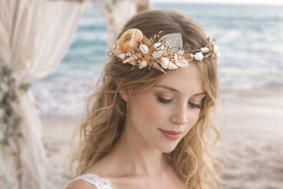 Seashell Mermaid Crown for Beach Wedding, Coastal Bridal  display picture 2