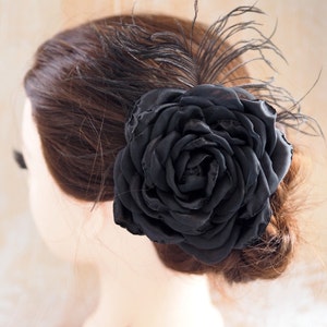 Black Rose Hair Clip, Black Hair Flower, Black Feather Brooch Rose, Black Flower Hair Accessory, Black Fascinator, Black Wedding Flower Pin image 2