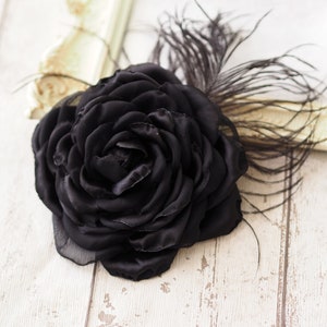 Black Rose Hair Clip, Black Hair Flower, Black Feather Brooch Rose, Black Flower Hair Accessory, Black Fascinator, Black Wedding Flower Pin image 1