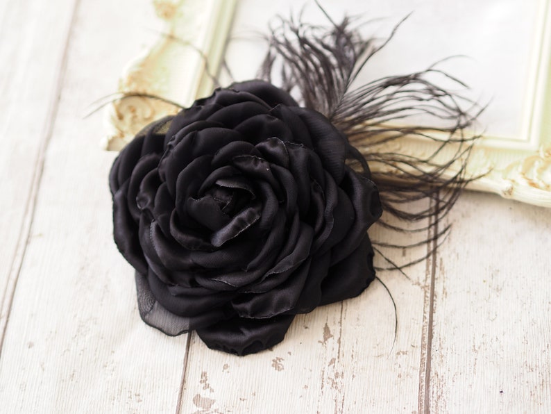 Black Rose Hair Clip, Black Hair Flower, Black Feather Brooch Rose, Black Flower Hair Accessory, Black Fascinator, Black Wedding Flower Pin image 1