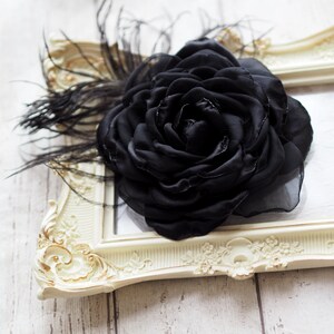 Black Rose Hair Clip, Black Hair Flower, Black Feather Brooch Rose, Black Flower Hair Accessory, Black Fascinator, Black Wedding Flower Pin image 4