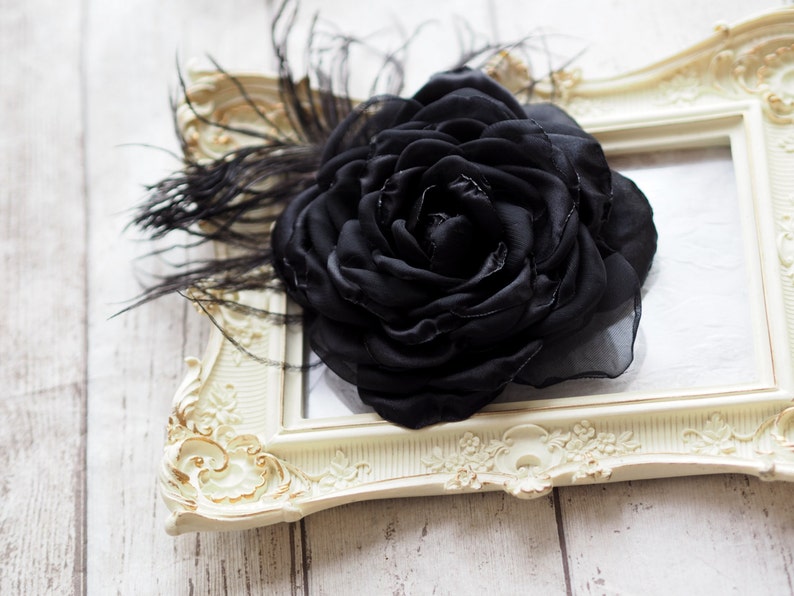 Black Rose Hair Clip, Black Hair Flower, Black Feather Brooch Rose, Black Flower Hair Accessory, Black Fascinator, Black Wedding Flower Pin image 4