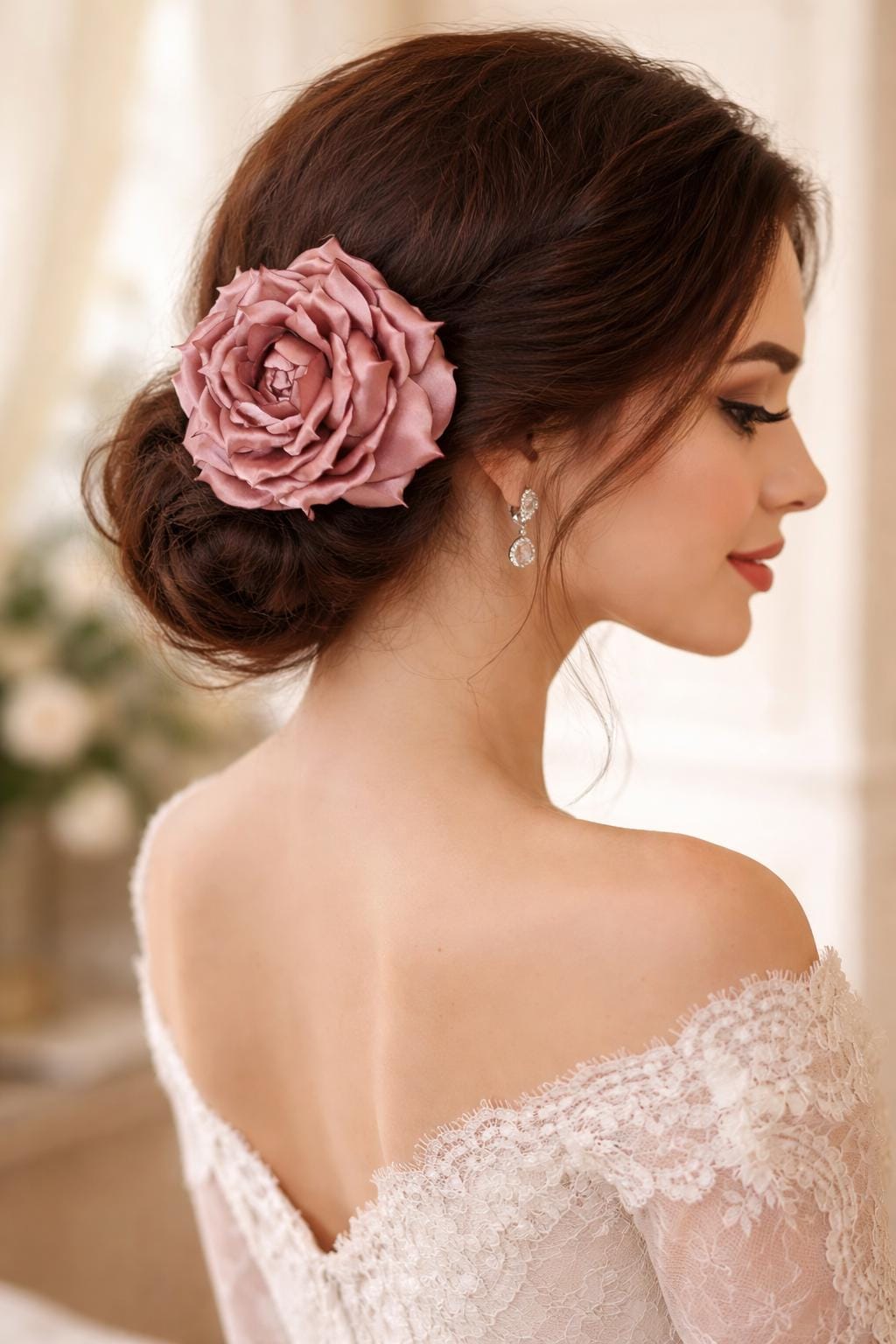 Dusty Rose Hair Clip, Mauve Satin Flower Fascinator, Blush Bridal