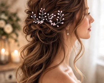 Horquillas de novia con perlas rosas: tocado de novia con perlas de agua dulce, accesorios bohemios con rubor