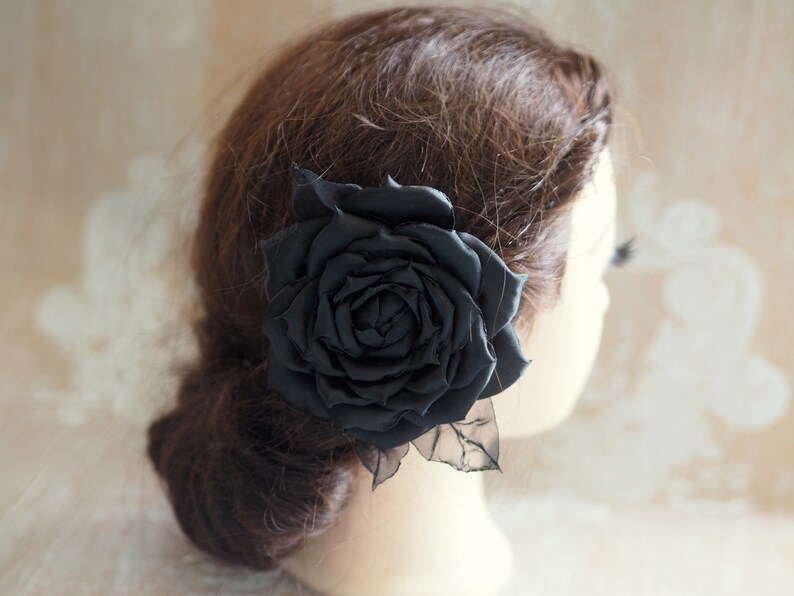 Black Flower Hair Piece Black Rose Hair Clip Satin Black Etsy