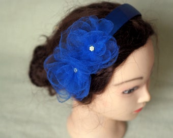 Royal Blue Headbands for Women, Royal Blue Headpiece, Royal Blue Fascinator, Cobalt Blue Prom Flower Headband, Blue Flower Girl Hairband