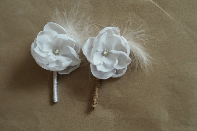 Boho White Boutononniere, Ivory Feather Boutonniere, White Flower Corsage and Boutonniere, Wedding Simple Buttonhole,White Grooms Boutineers image 5