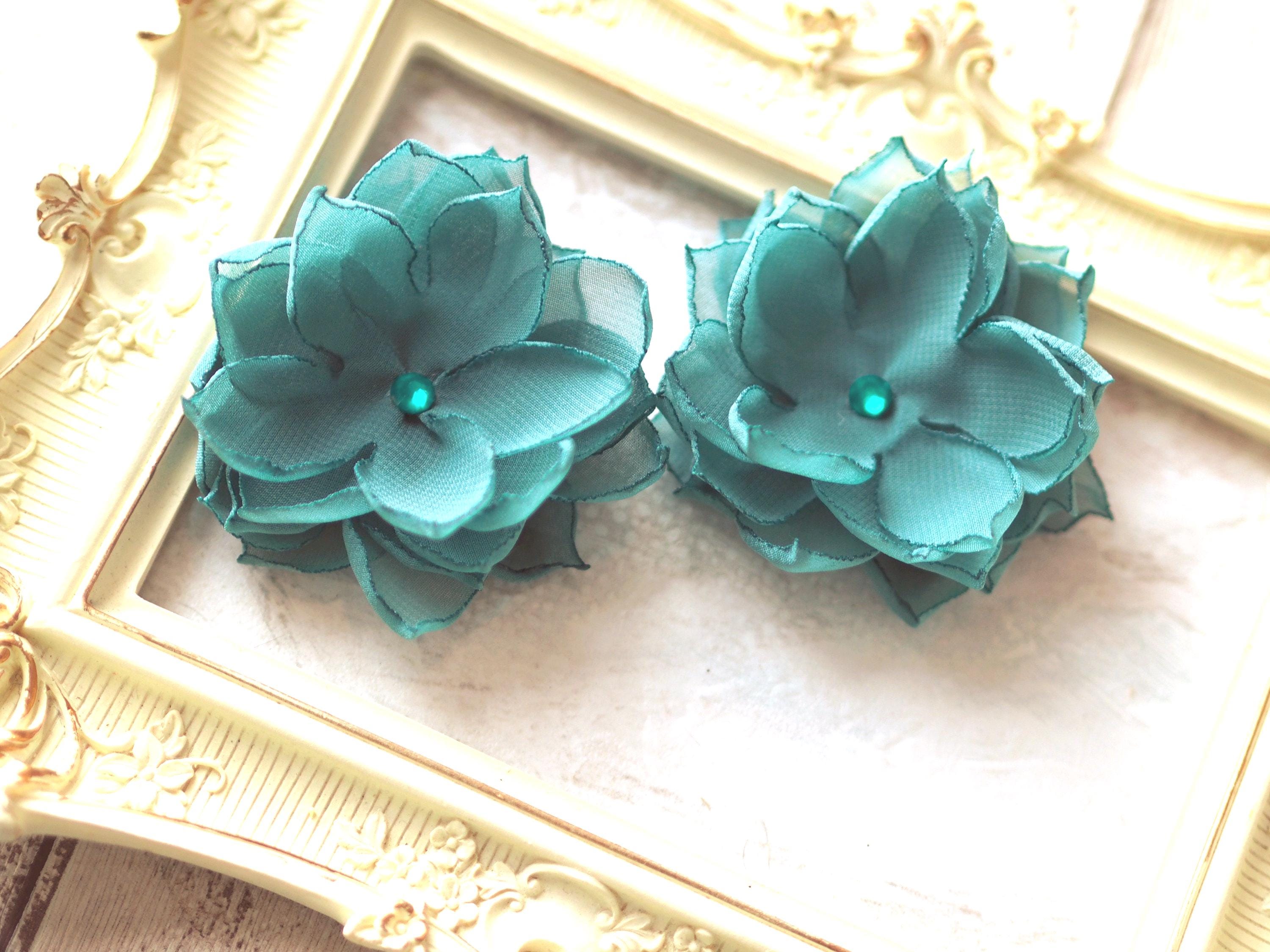 Teal Chiffon Flower Hair Clip, Teal Wedding Hair Accessory 