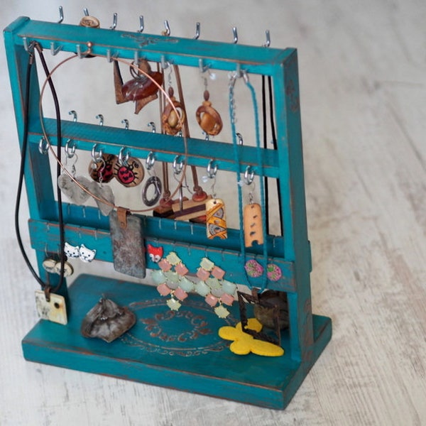 Support de rangement pour bijoux, porte-boucle d'oreille avec collier, présentoir à bijoux shabby chic, effet vintage pour décoration d'intérieur turquoise, support en bois pour boucles d'oreilles